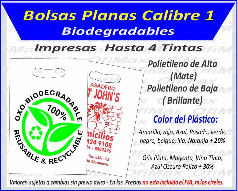bolsas plasticas planas  biodegradables calibre 1.5